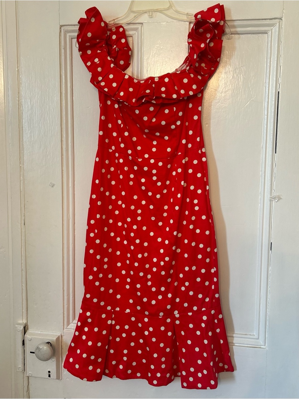 Sugar + Lips Red Polka Dot Ruffle Off Shoulder Mermaid Dress Size S